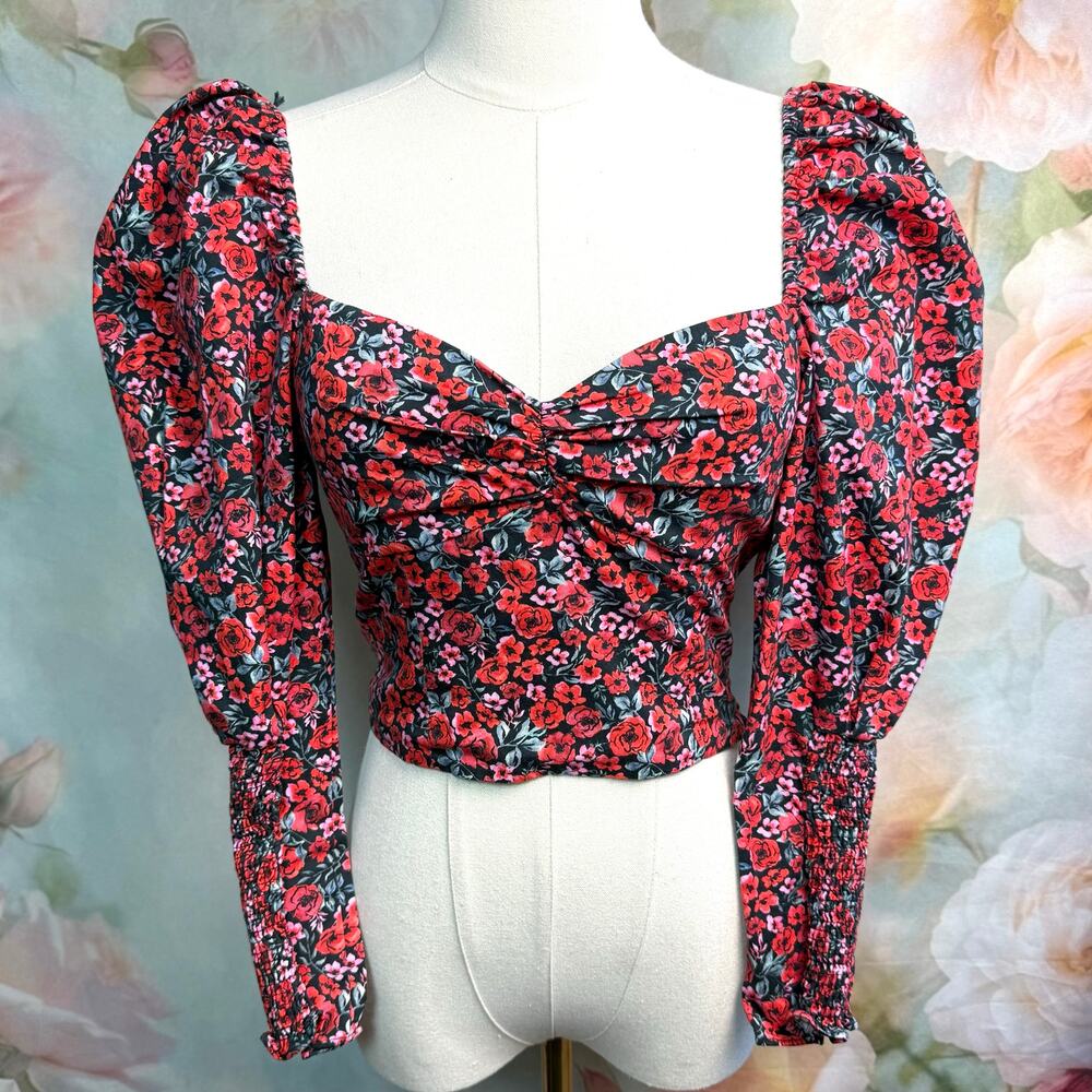 Zara Floral Red & Pink Puff Sleeve Sweetheart Neckline Cropped Stretchy Top